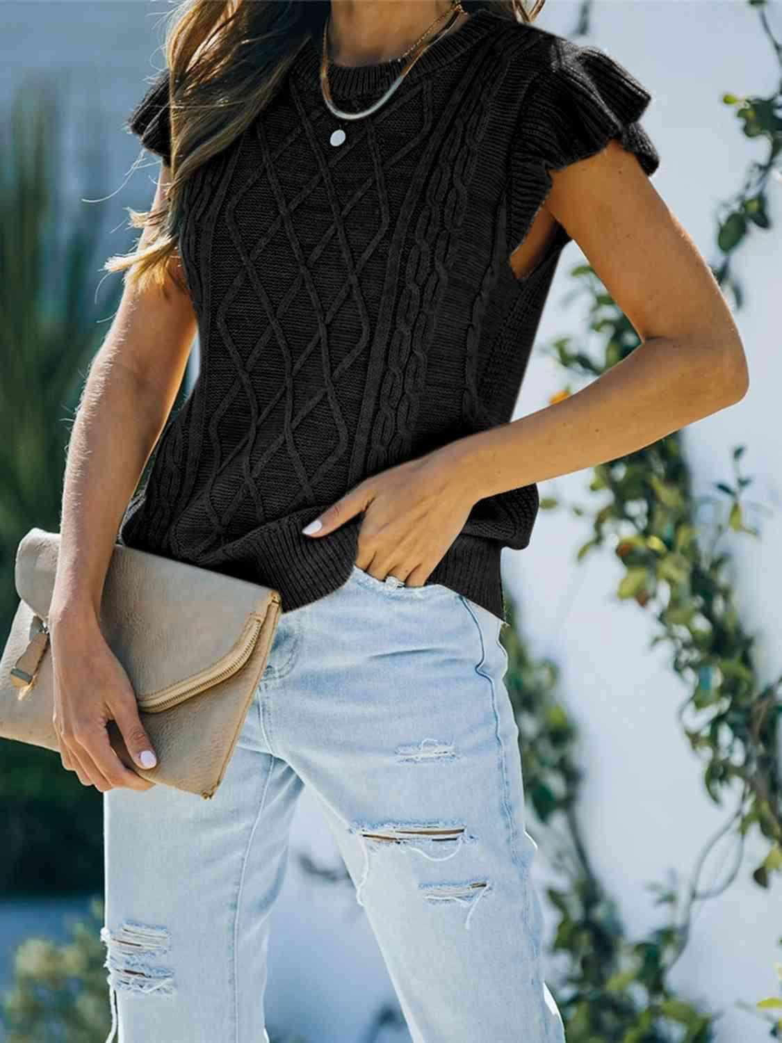 Round Neck Cap Sleeve Sweater - Vesteeto