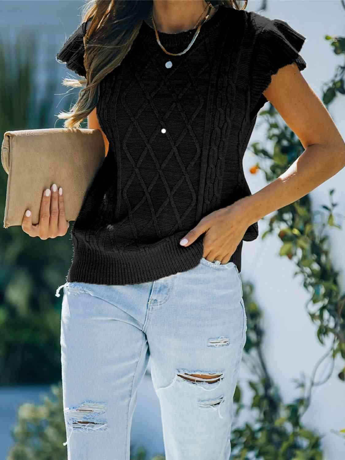 Round Neck Cap Sleeve Sweater - Vesteeto