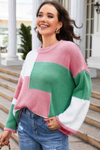 Round Neck Color Block Dropped Shoulder Sweater - Vesteeto