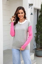 Round Neck Contrast Color Dropped Shoulder Sweater - Vesteeto