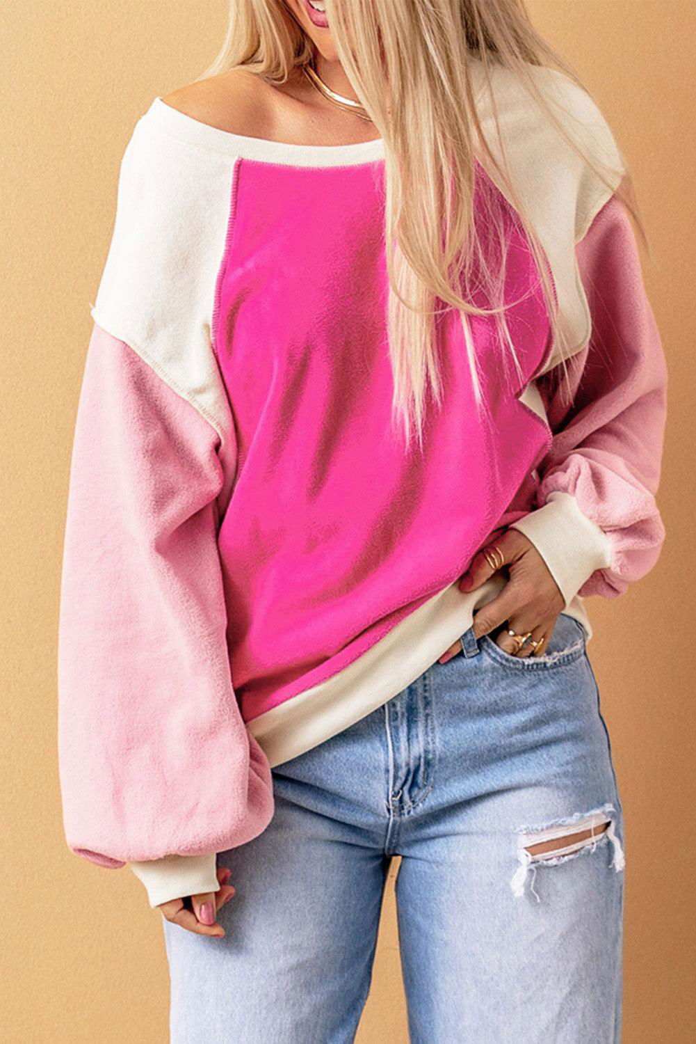 Round Neck Dropped Shoulder Color Block Sweatshirt - Vesteeto