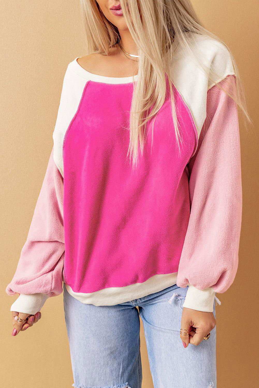 Round Neck Dropped Shoulder Color Block Sweatshirt - Vesteeto