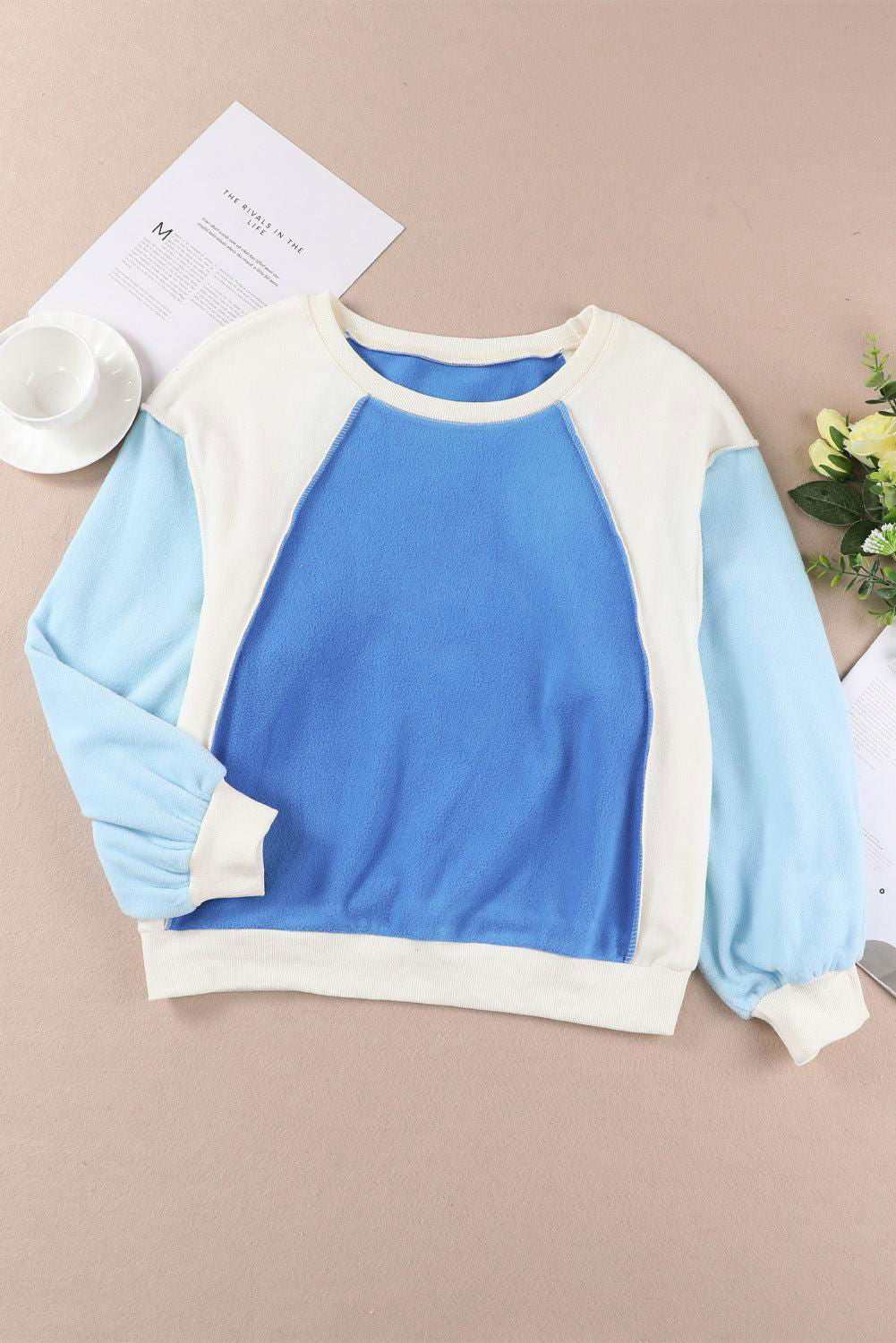 Round Neck Dropped Shoulder Color Block Sweatshirt - Vesteeto