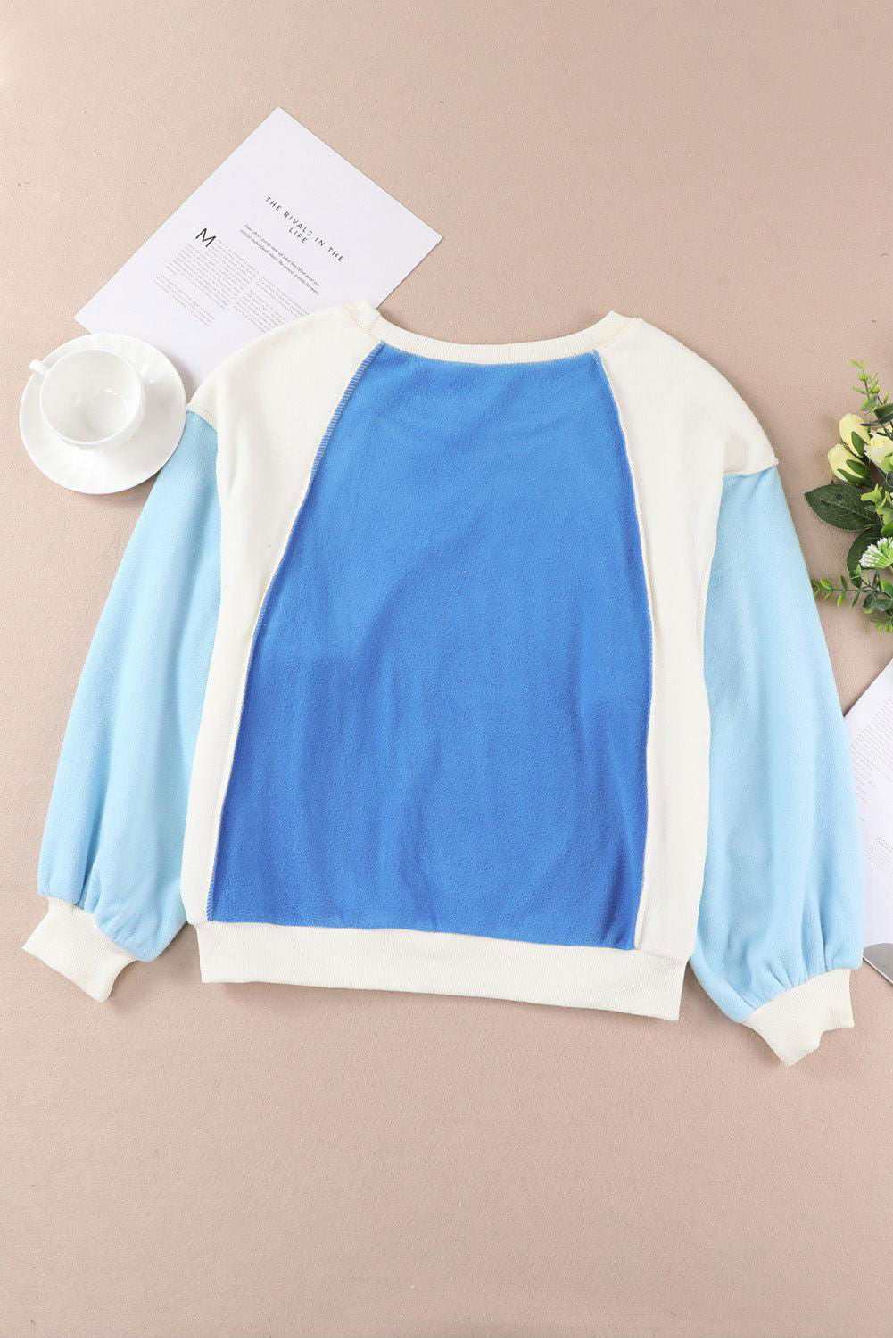 Round Neck Dropped Shoulder Color Block Sweatshirt - Vesteeto