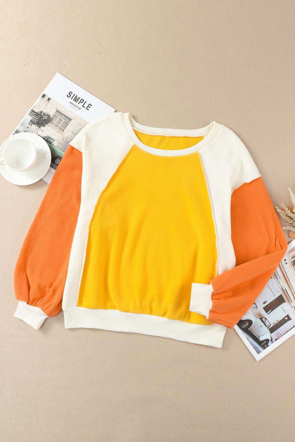 Round Neck Dropped Shoulder Color Block Sweatshirt - Vesteeto