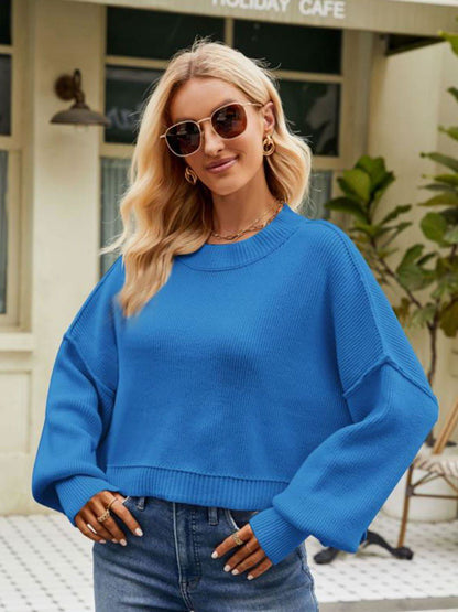 Round Neck Dropped Shoulder Sweater - Vesteeto