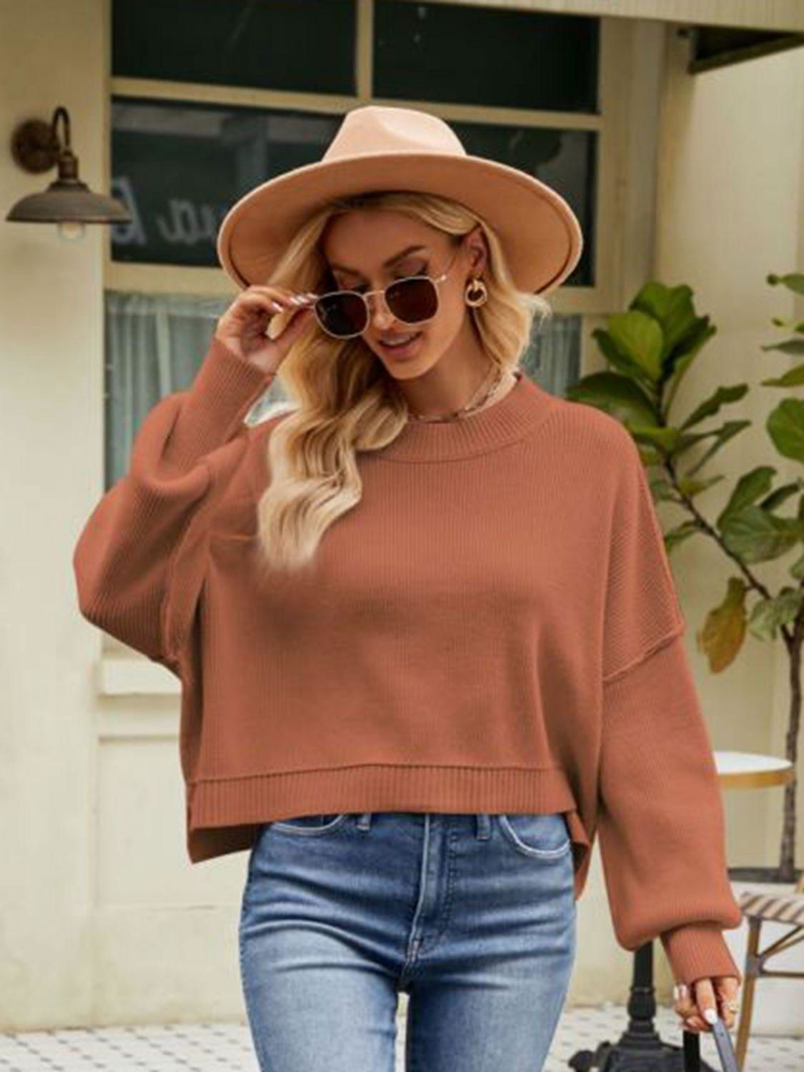 Round Neck Dropped Shoulder Sweater - Vesteeto