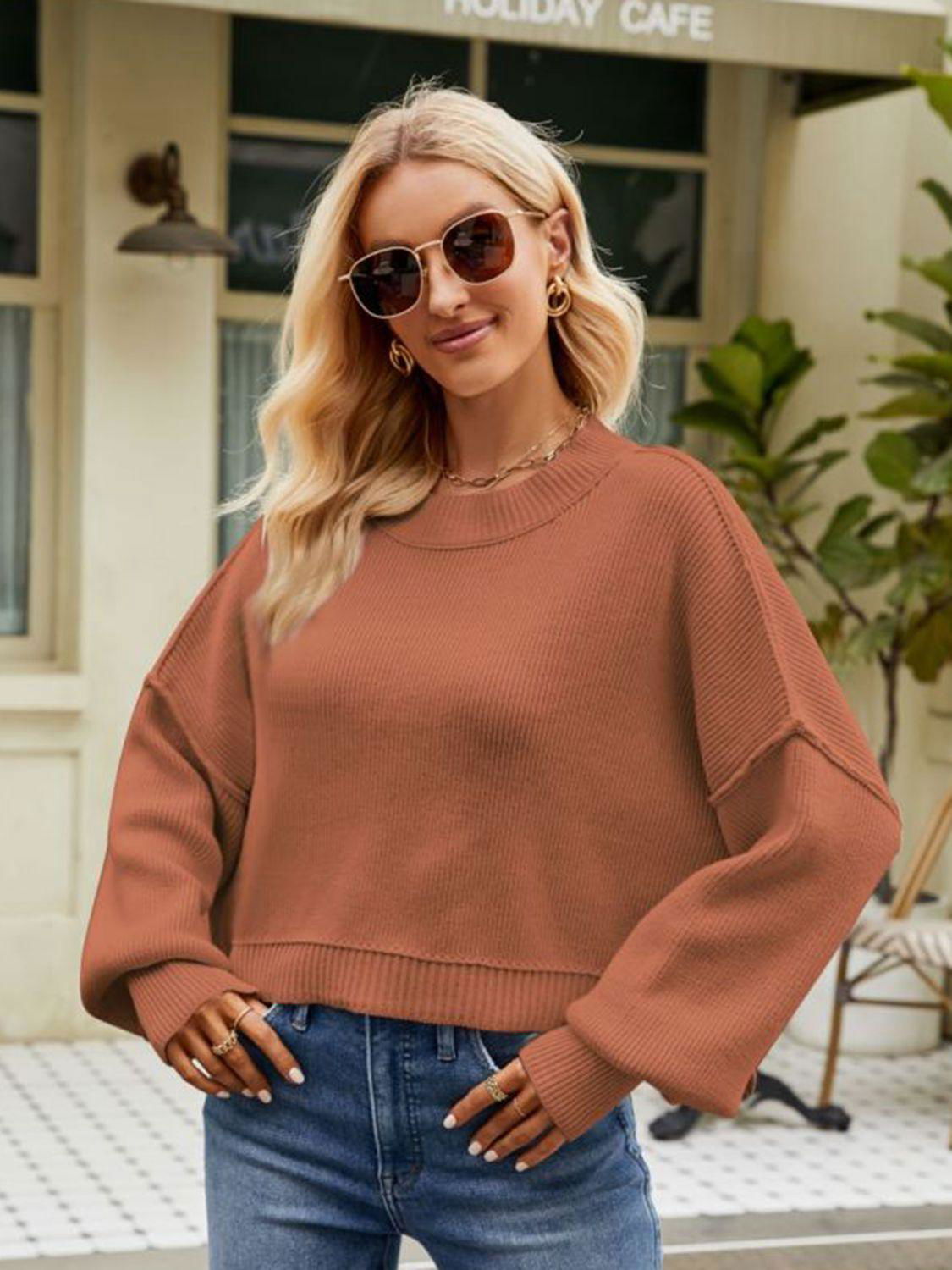 Round Neck Dropped Shoulder Sweater - Vesteeto