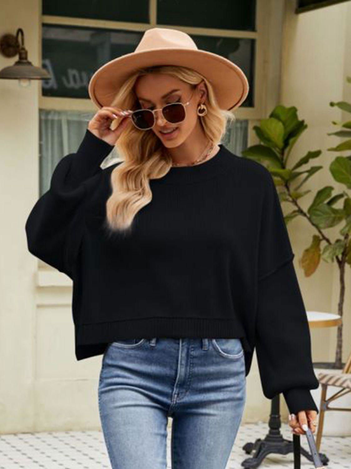 Round Neck Dropped Shoulder Sweater - Vesteeto