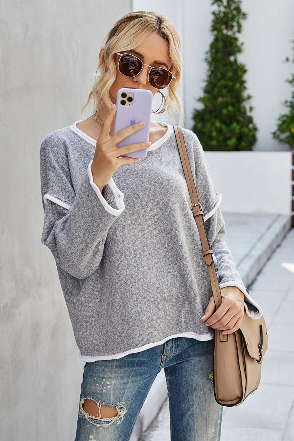 Round Neck Dropped Shoulder Sweater - Vesteeto