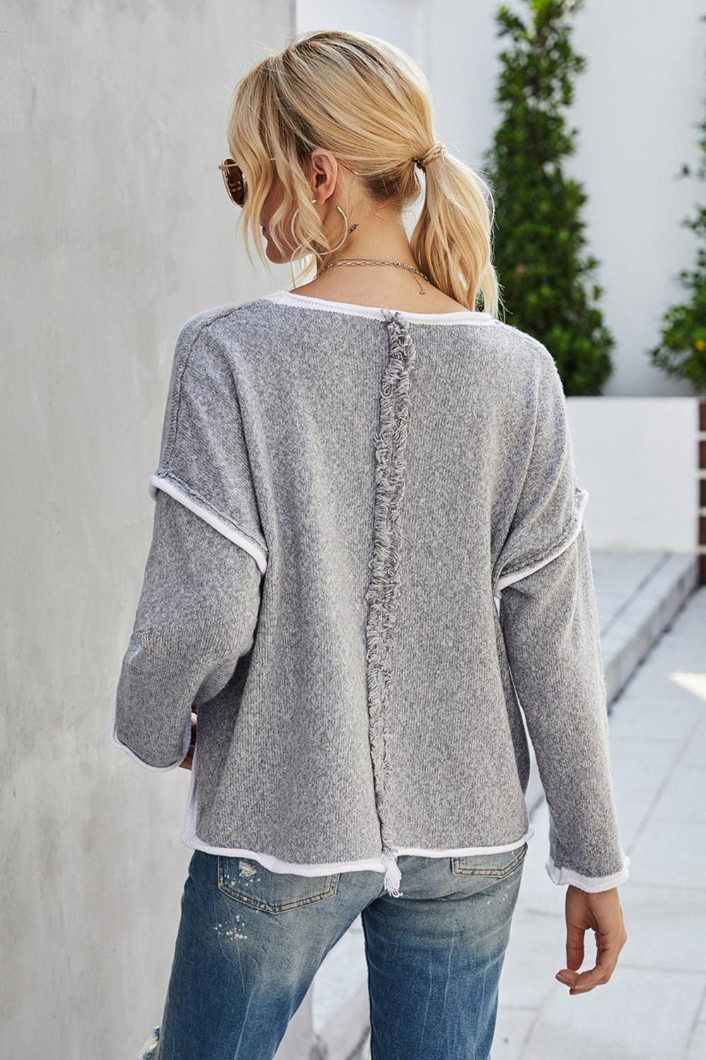 Round Neck Dropped Shoulder Sweater - Vesteeto