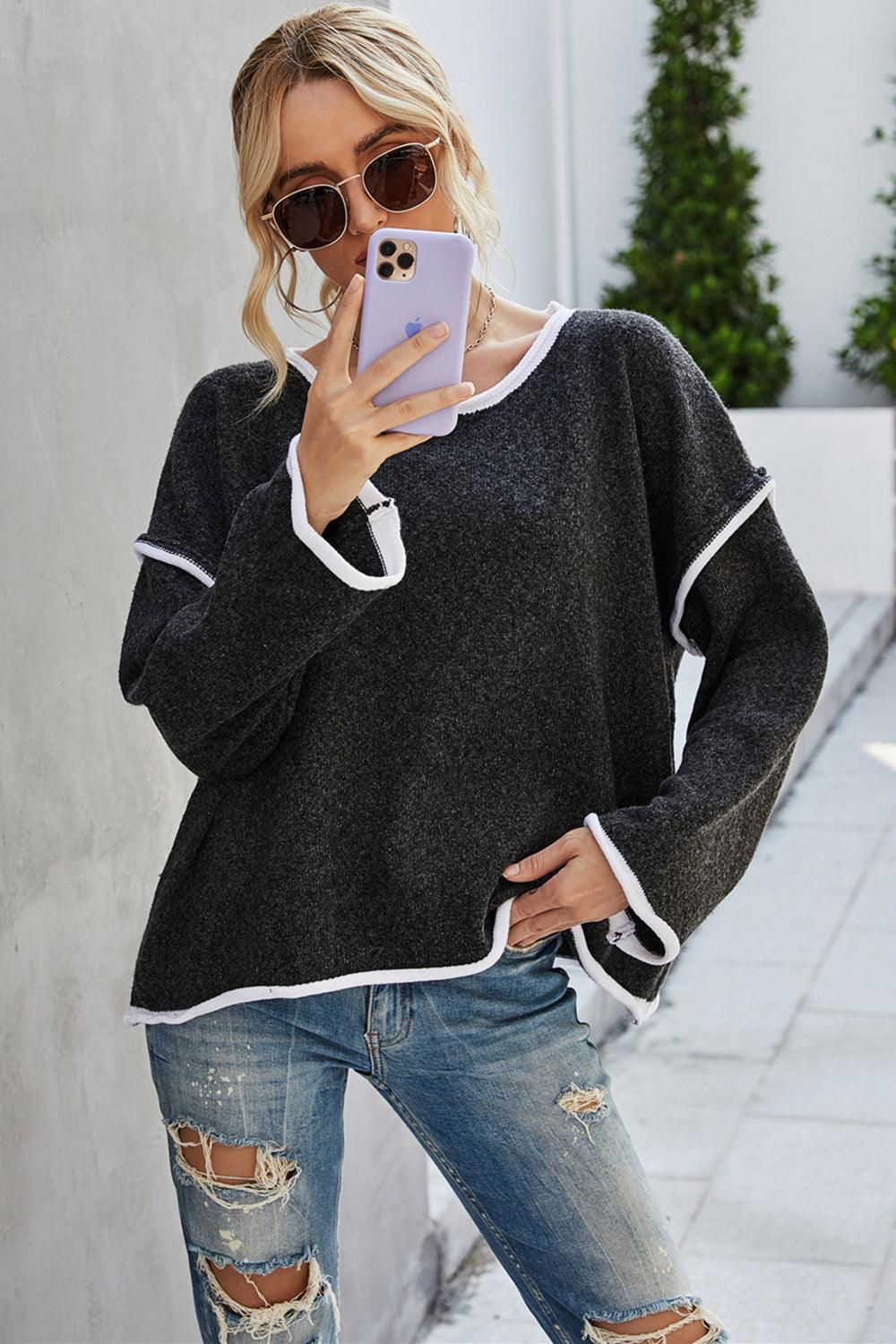 Round Neck Dropped Shoulder Sweater - Vesteeto