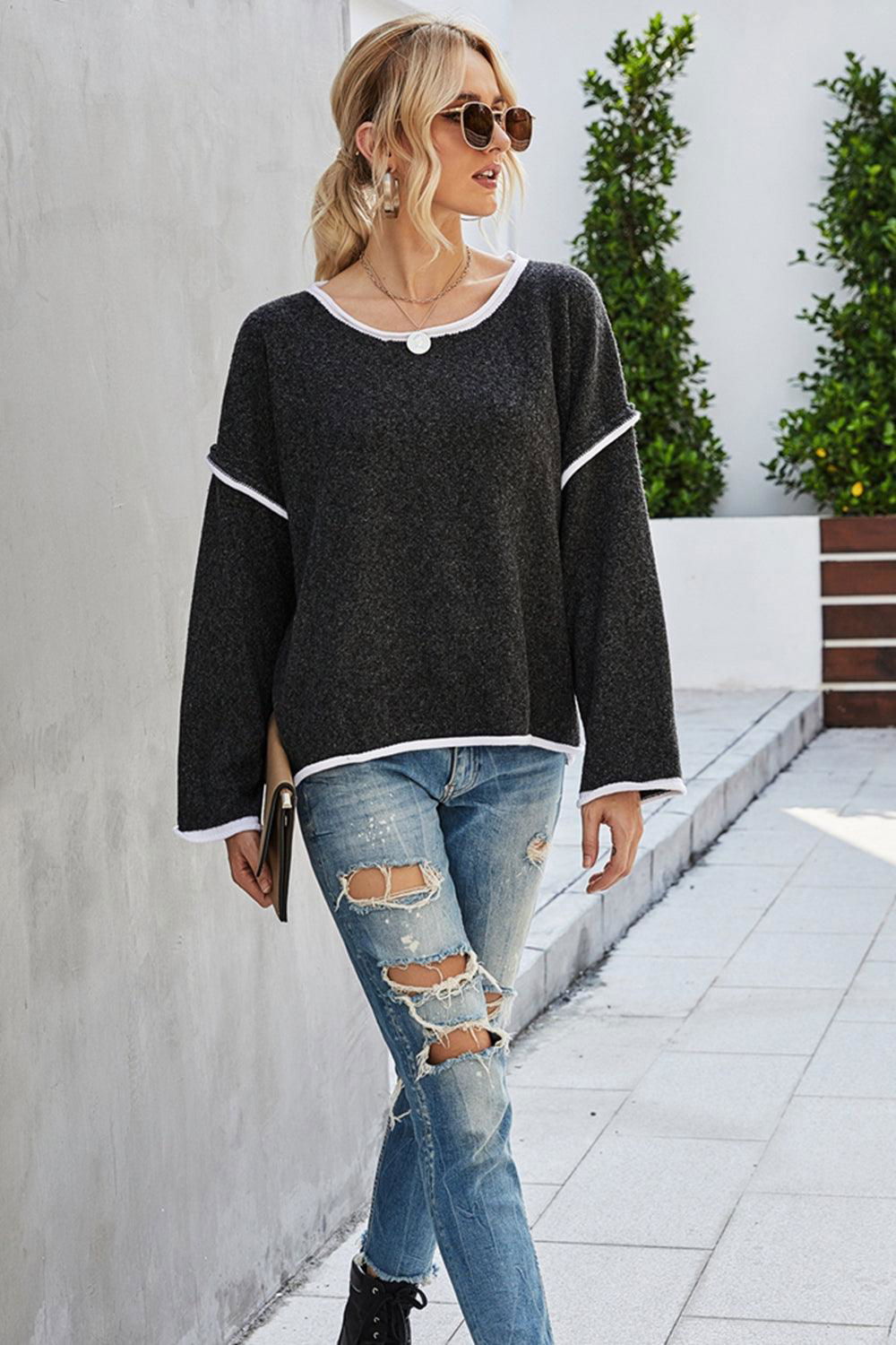 Round Neck Dropped Shoulder Sweater - Vesteeto