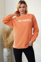 Round Neck Dropped Shoulder THANKFUL Graphic Sweatshirt - Vesteeto