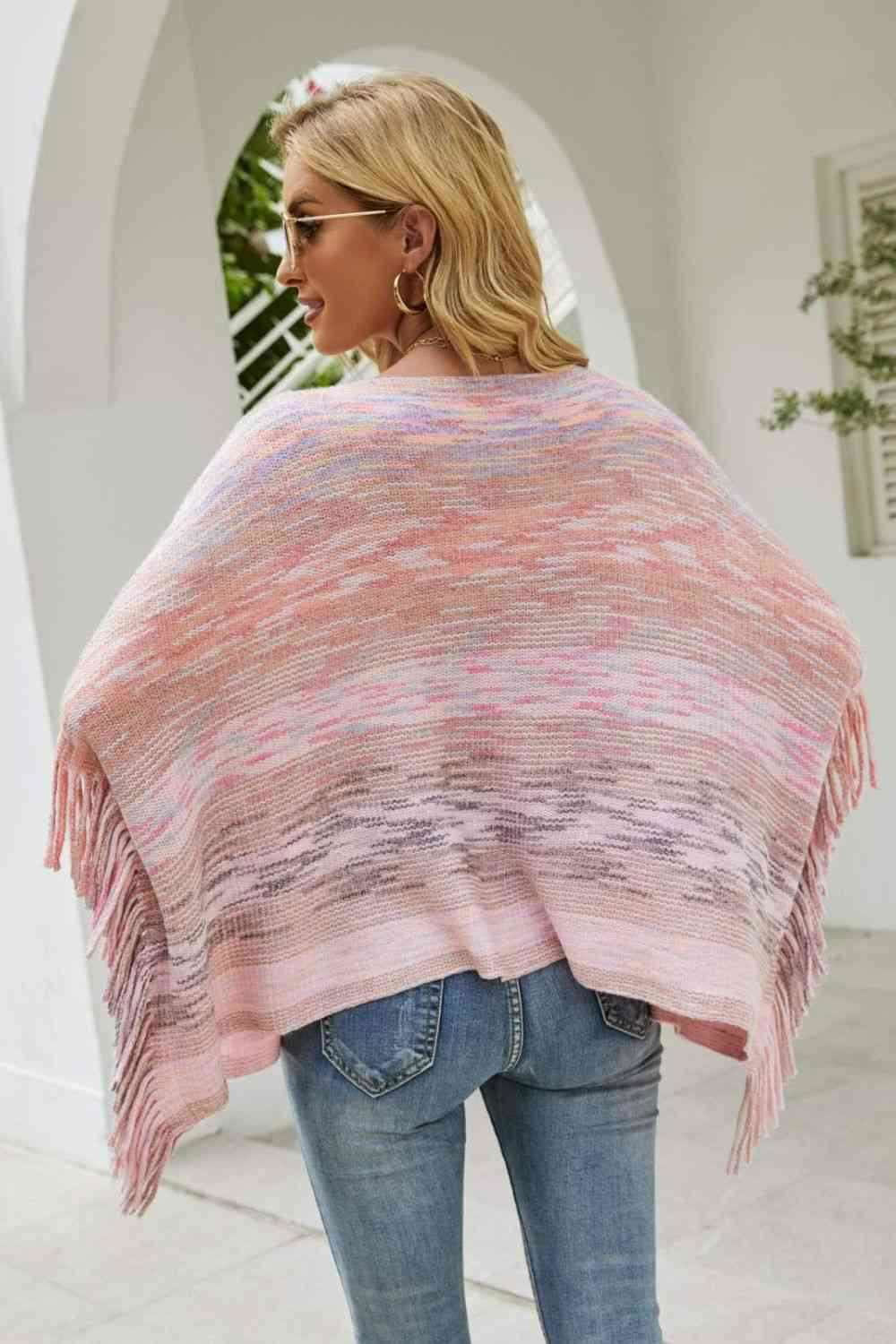 Round Neck Fringe Detail Poncho - Vesteeto