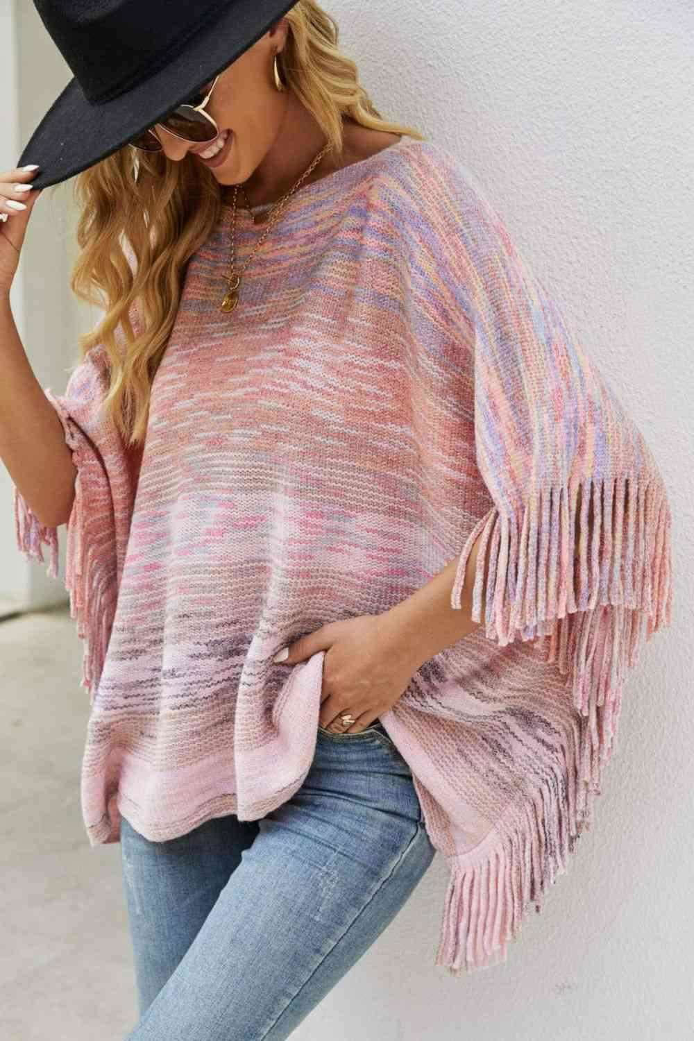 Round Neck Fringe Detail Poncho - Vesteeto