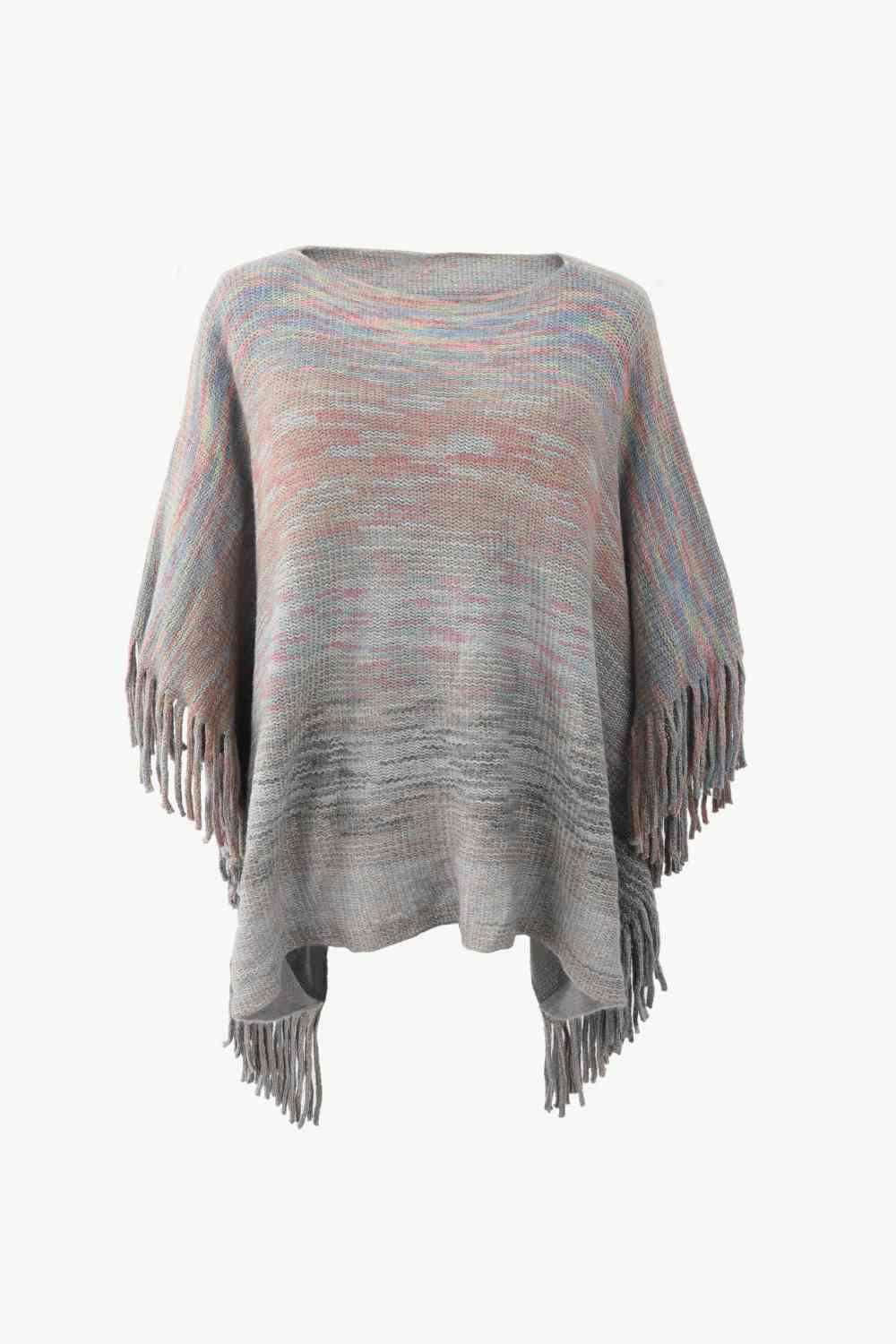 Round Neck Fringe Detail Poncho - Vesteeto