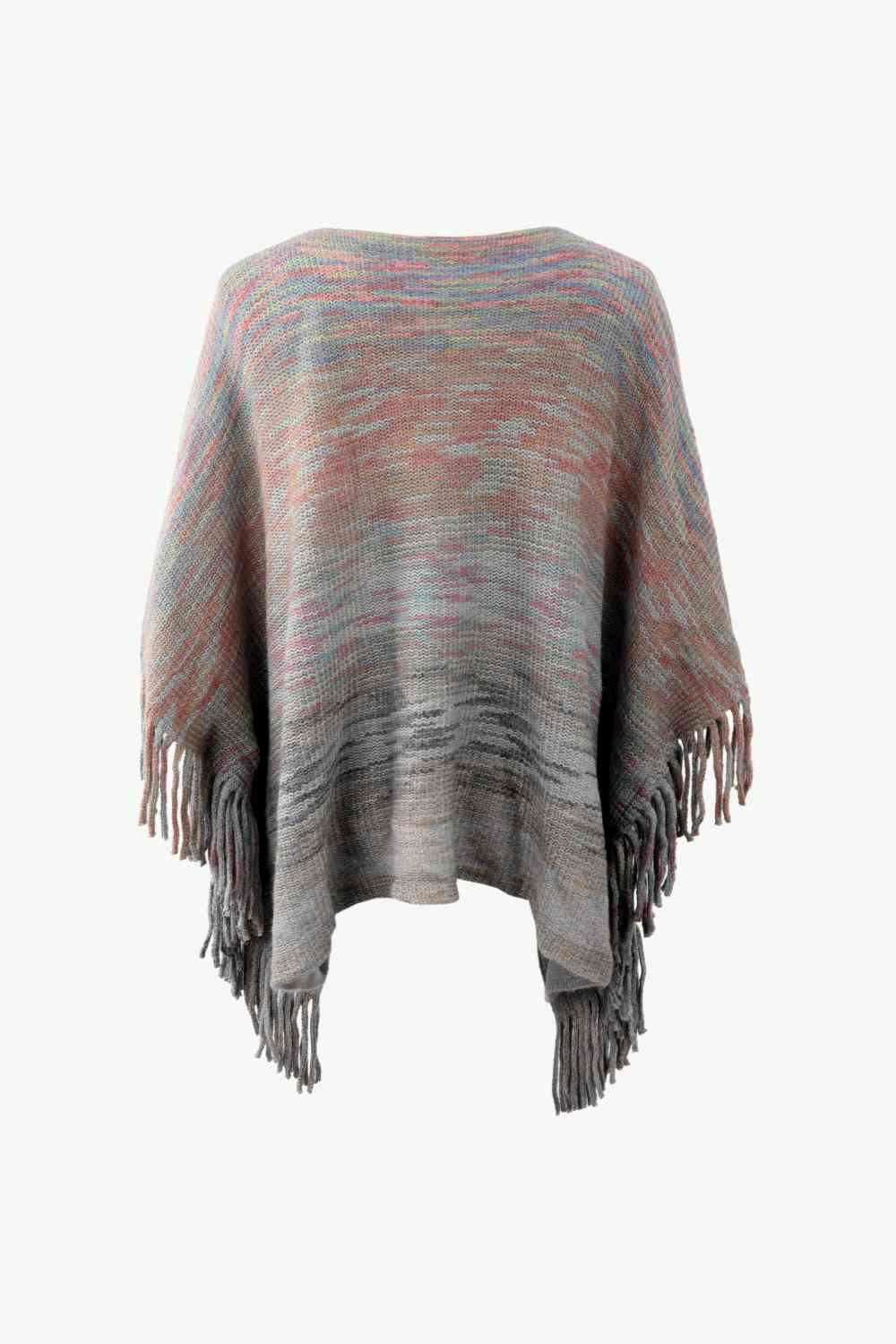 Round Neck Fringe Detail Poncho - Vesteeto