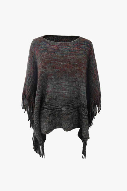 Round Neck Fringe Detail Poncho - Vesteeto