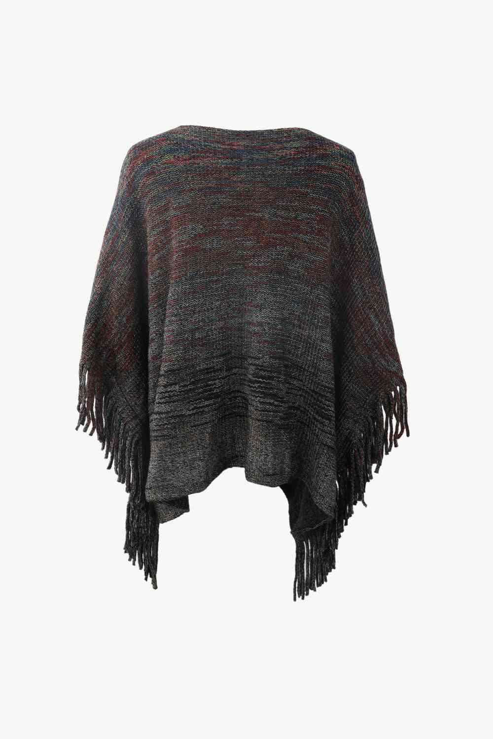 Round Neck Fringe Detail Poncho - Vesteeto