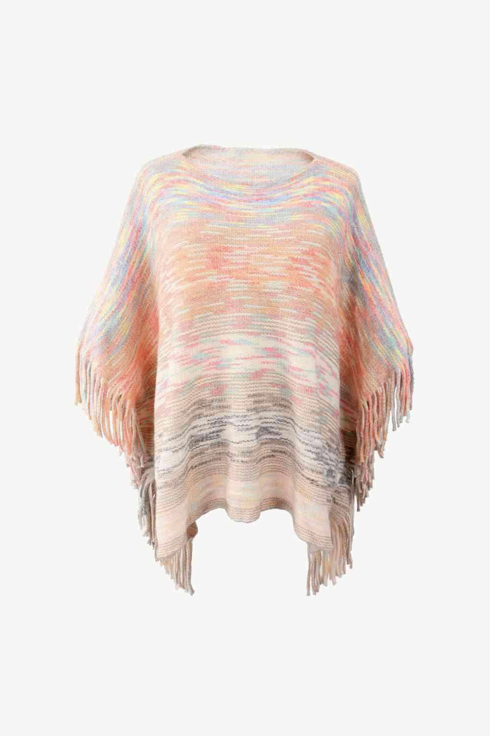 Round Neck Fringe Detail Poncho - Vesteeto