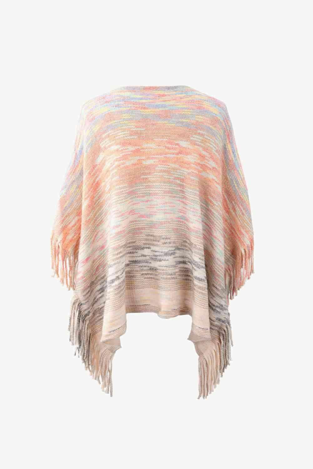 Round Neck Fringe Detail Poncho - Vesteeto