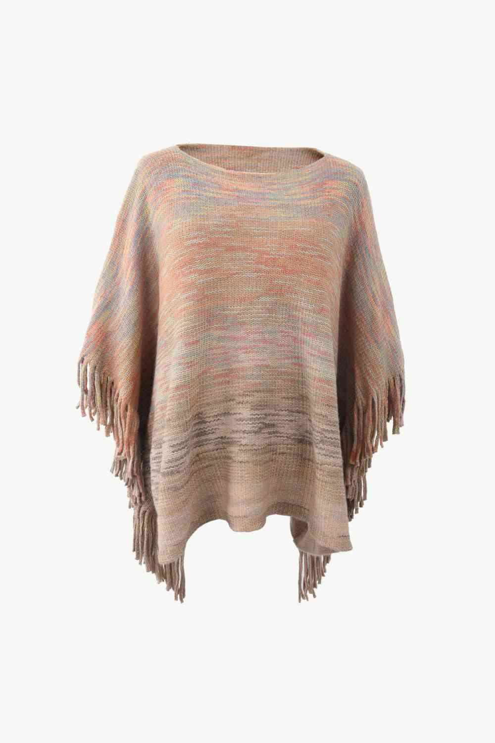 Round Neck Fringe Detail Poncho - Vesteeto