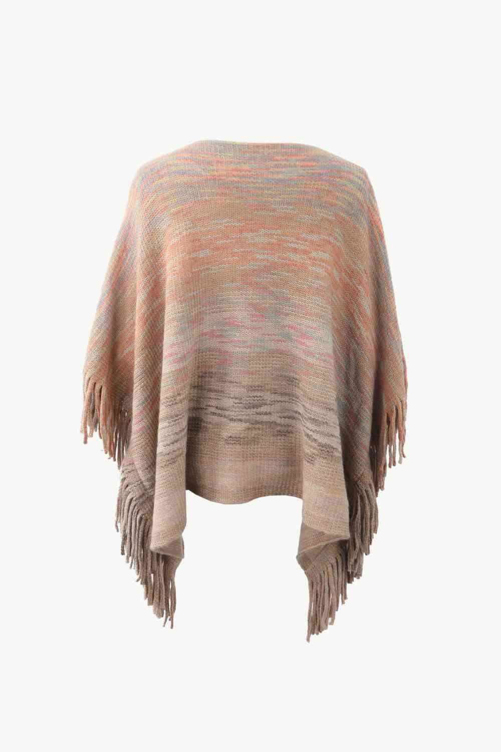 Round Neck Fringe Detail Poncho - Vesteeto