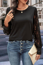 Round Neck Lace Trim Long Sleeve Sweatshirt - Vesteeto