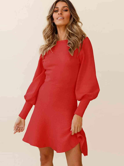 Round Neck Lantern Sleeve Sweater Dress - Vesteeto