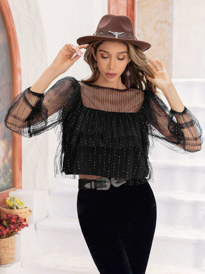 Round Neck Layered Long Sleeve Blouse - Vesteeto