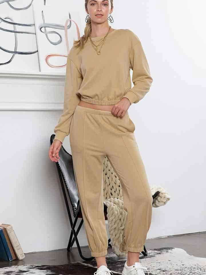 Round Neck Long Sleeve Cropped Top and Pants Set - Vesteeto