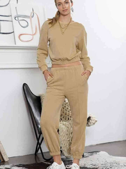 Round Neck Long Sleeve Cropped Top and Pants Set - Vesteeto