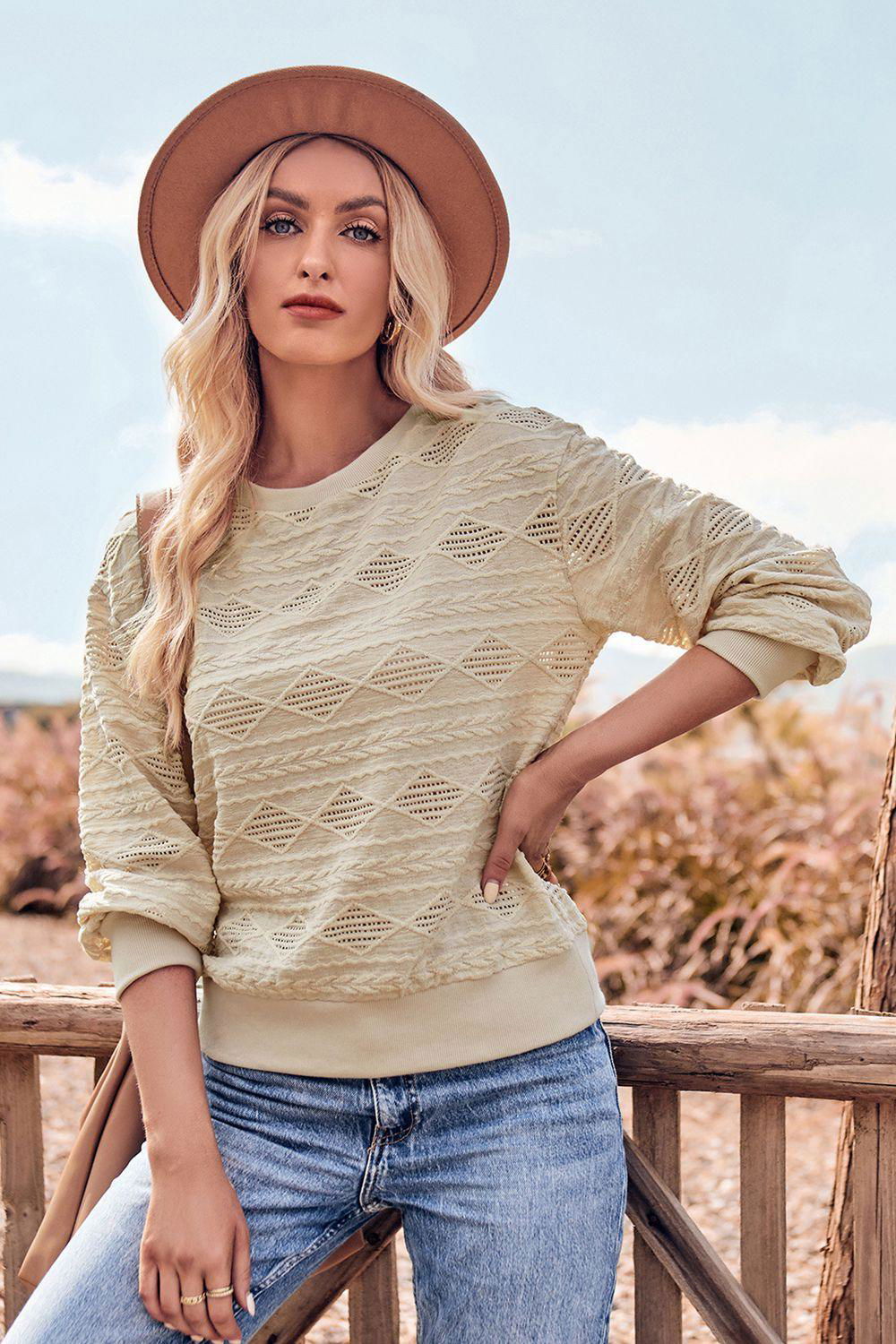 Round Neck Long Sleeve Knit Top - Vesteeto