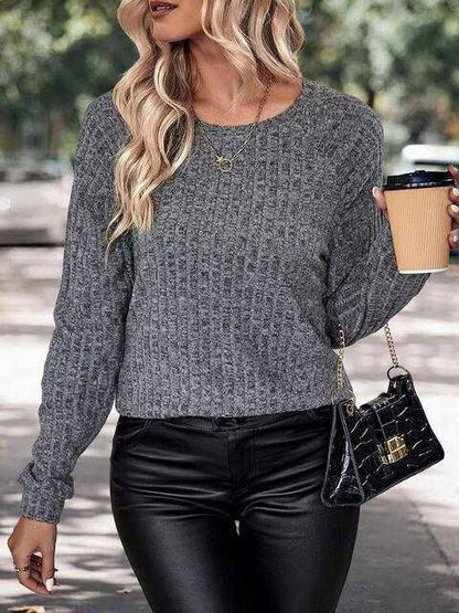 Round Neck Long Sleeve Knit Top - Vesteeto