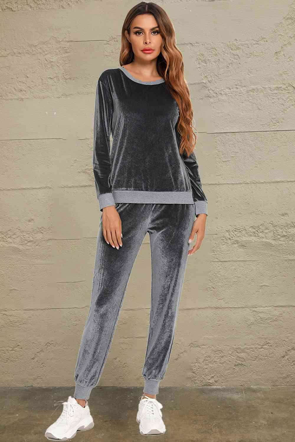 Round Neck Long Sleeve Loungewear Set with Pockets - Vesteeto