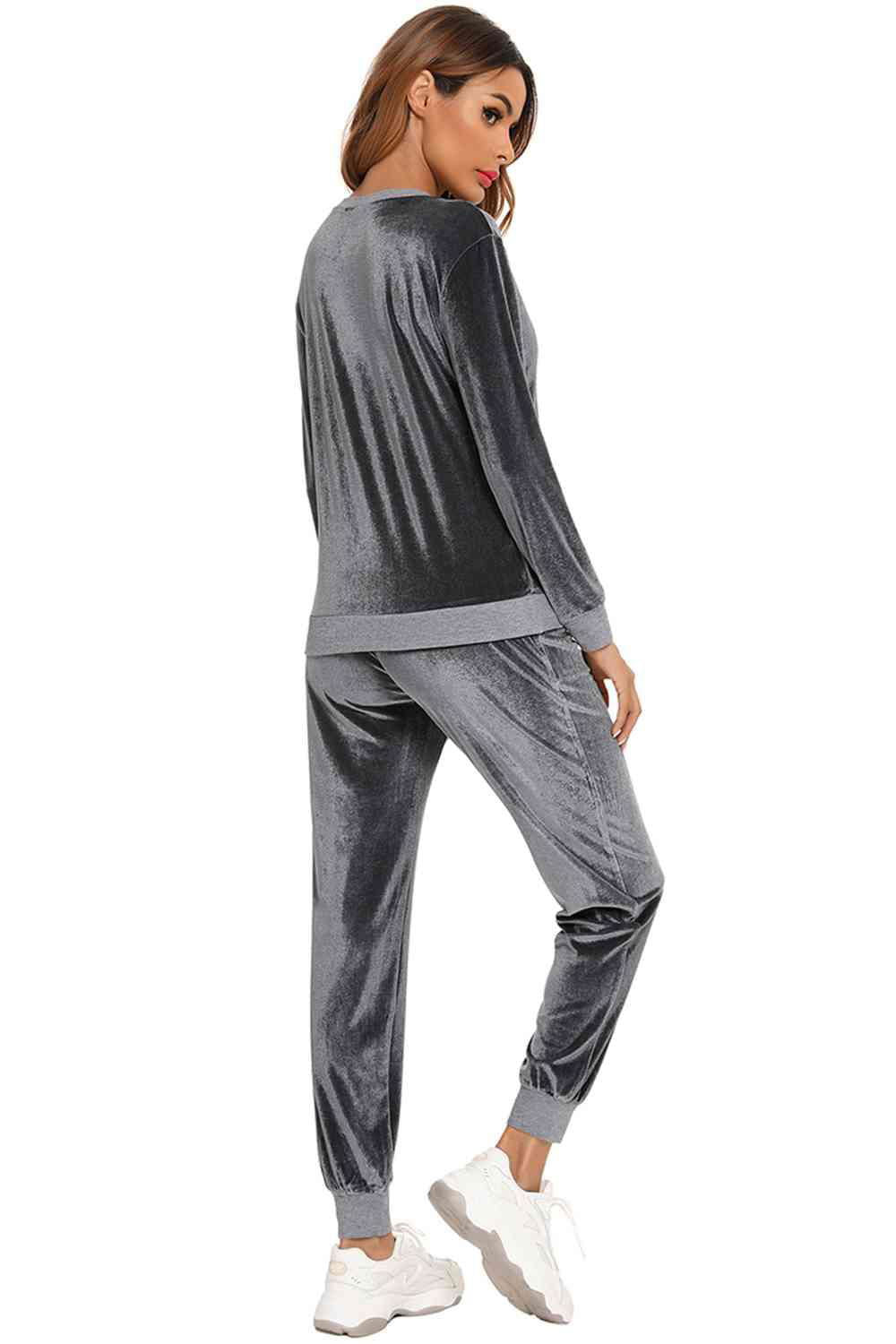 Round Neck Long Sleeve Loungewear Set with Pockets - Vesteeto