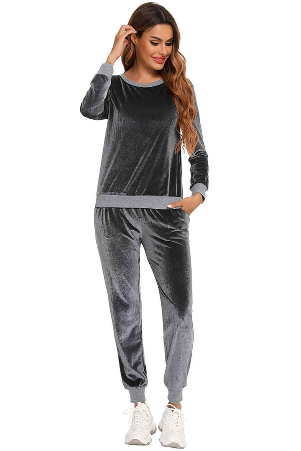 Round Neck Long Sleeve Loungewear Set with Pockets - Vesteeto