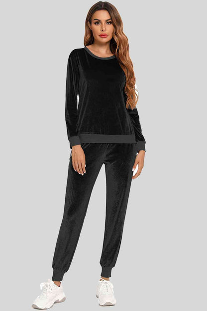 Round Neck Long Sleeve Loungewear Set with Pockets - Vesteeto