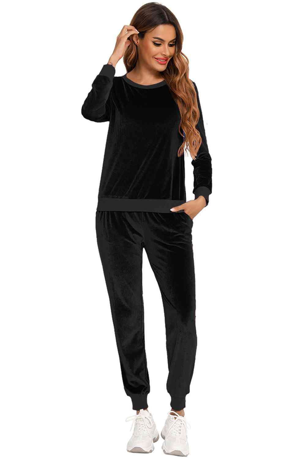 Round Neck Long Sleeve Loungewear Set with Pockets - Vesteeto