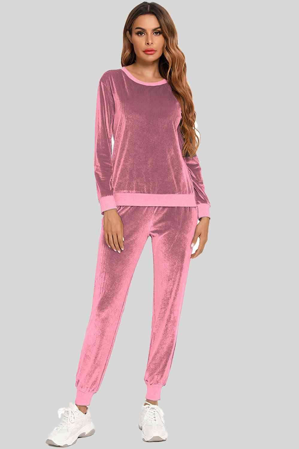 Round Neck Long Sleeve Loungewear Set with Pockets - Vesteeto