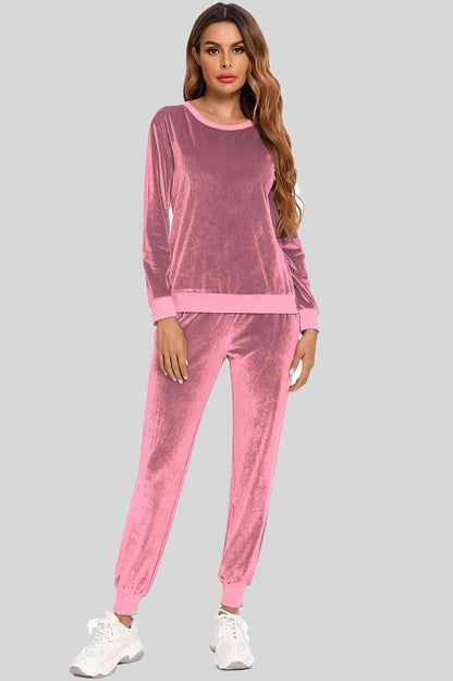 Round Neck Long Sleeve Loungewear Set with Pockets - Vesteeto