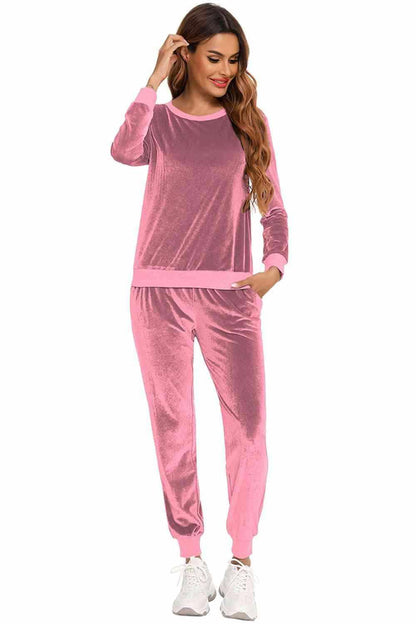 Round Neck Long Sleeve Loungewear Set with Pockets - Vesteeto