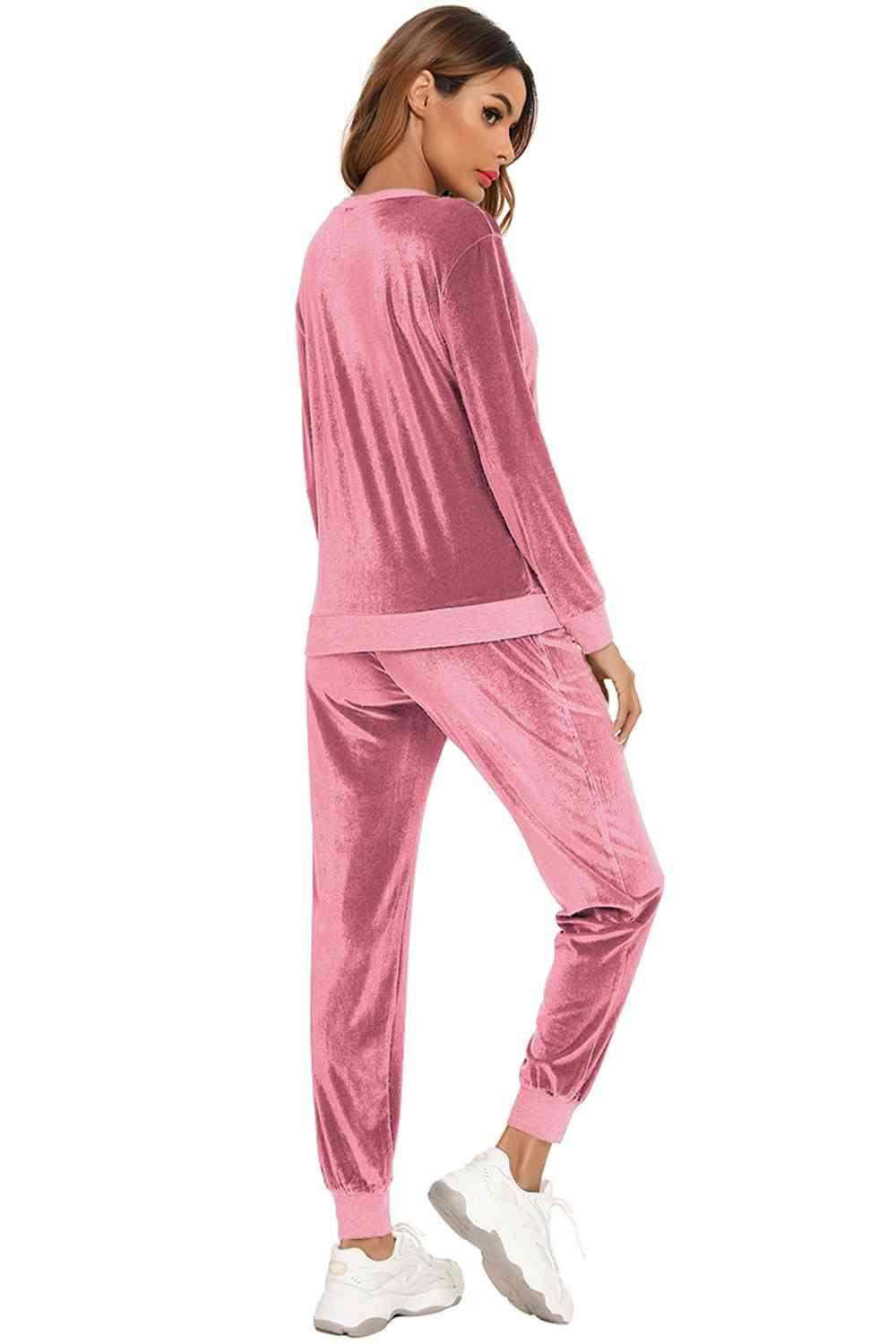 Round Neck Long Sleeve Loungewear Set with Pockets - Vesteeto