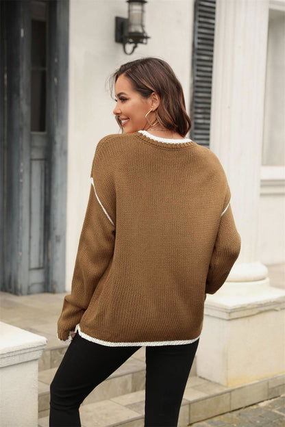 Round Neck Long Sleeve Waffle-Knit Sweater - Vesteeto