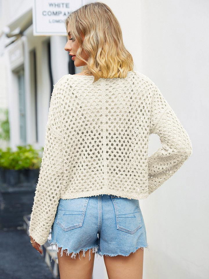 Round Neck Openwork Dropped Shoulder Knit Top - Vesteeto