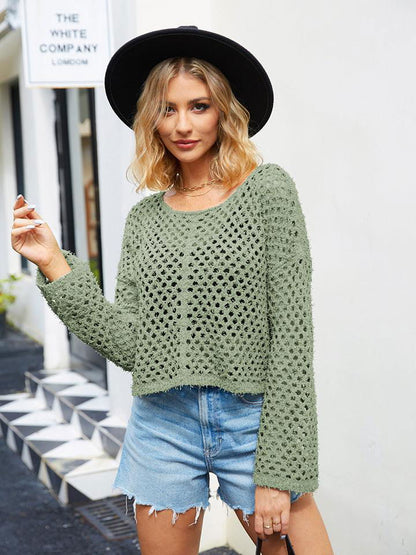 Round Neck Openwork Dropped Shoulder Knit Top - Vesteeto