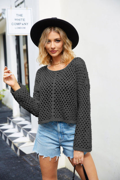 Round Neck Openwork Dropped Shoulder Knit Top - Vesteeto