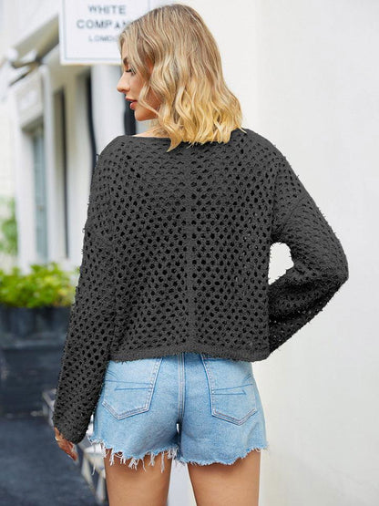 Round Neck Openwork Dropped Shoulder Knit Top - Vesteeto