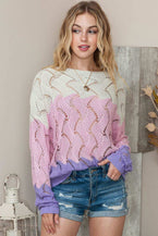 Round Neck Openwork Dropped Shoulder Sweater - Vesteeto